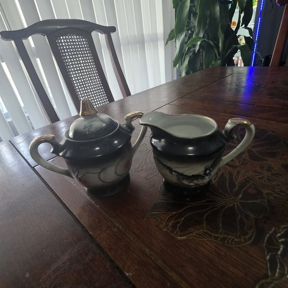 American Vintage Other - Elegant Porcelain Dragonware Black and Gold Ceramic Creamer and Sugar Set
